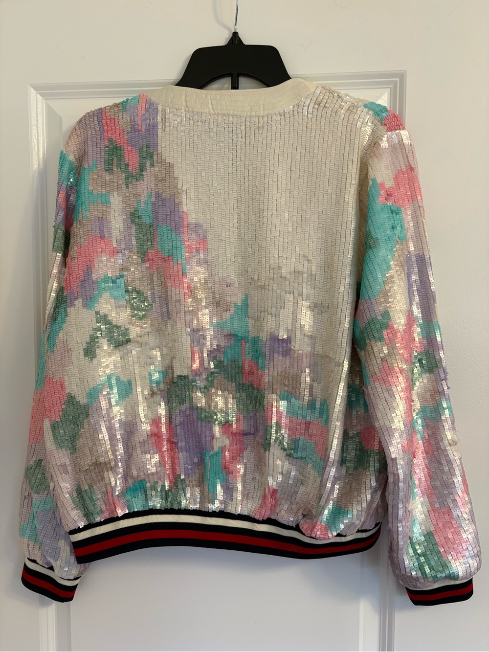 Cynthia Rowley Cream Sequin Bomber Jacket with Pastel Accents - Picture 2 of 3